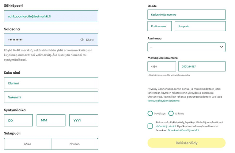 Casinohuoneen rekisteröinnissä täytetään kaksi lomaketta