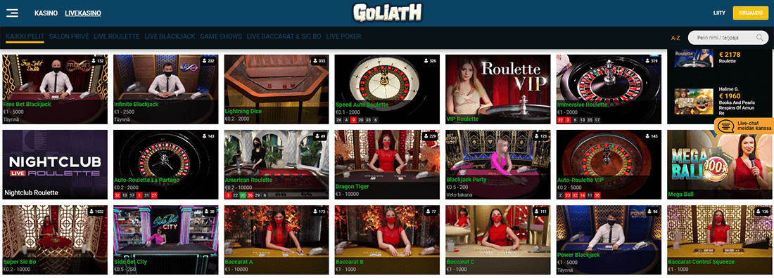 Voit pelata kymmeniä livepelejä Goliath Casinon livejakajien osiossa