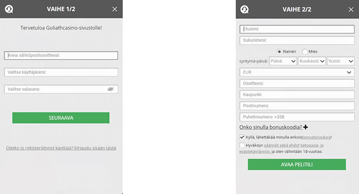 Goliath Casinolle rekisteröinnissä täytetään kaksi lomaketta