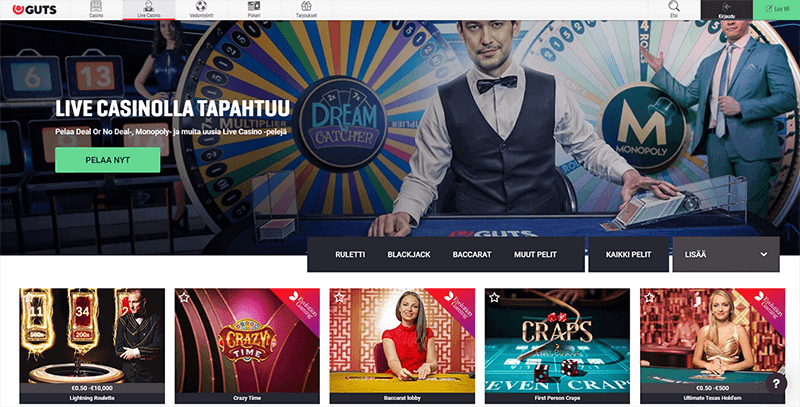 Guts Casino tarjoaa livepelaamiseen yli 100 livepelin pelikokoelman