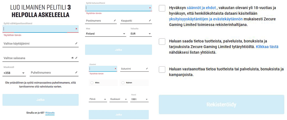 Rekisteröinti Guts Casinolle suoritetaan kolmen nopean ja helpon askeleen kautta