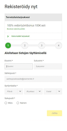 Rekisteröintiprosessi Unibetille sisältää viisi askelta